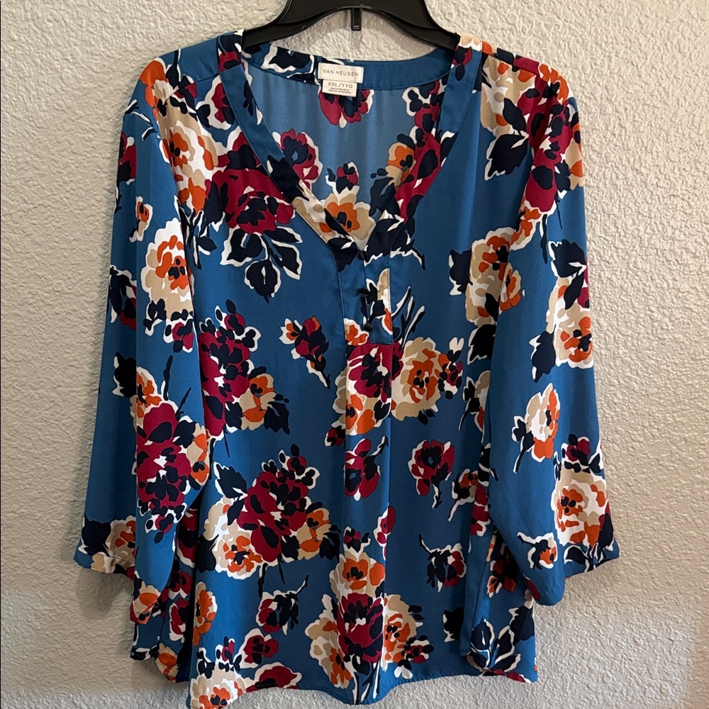 Van Heusen Teal Blue Floral Button-Front Blouse size XXL